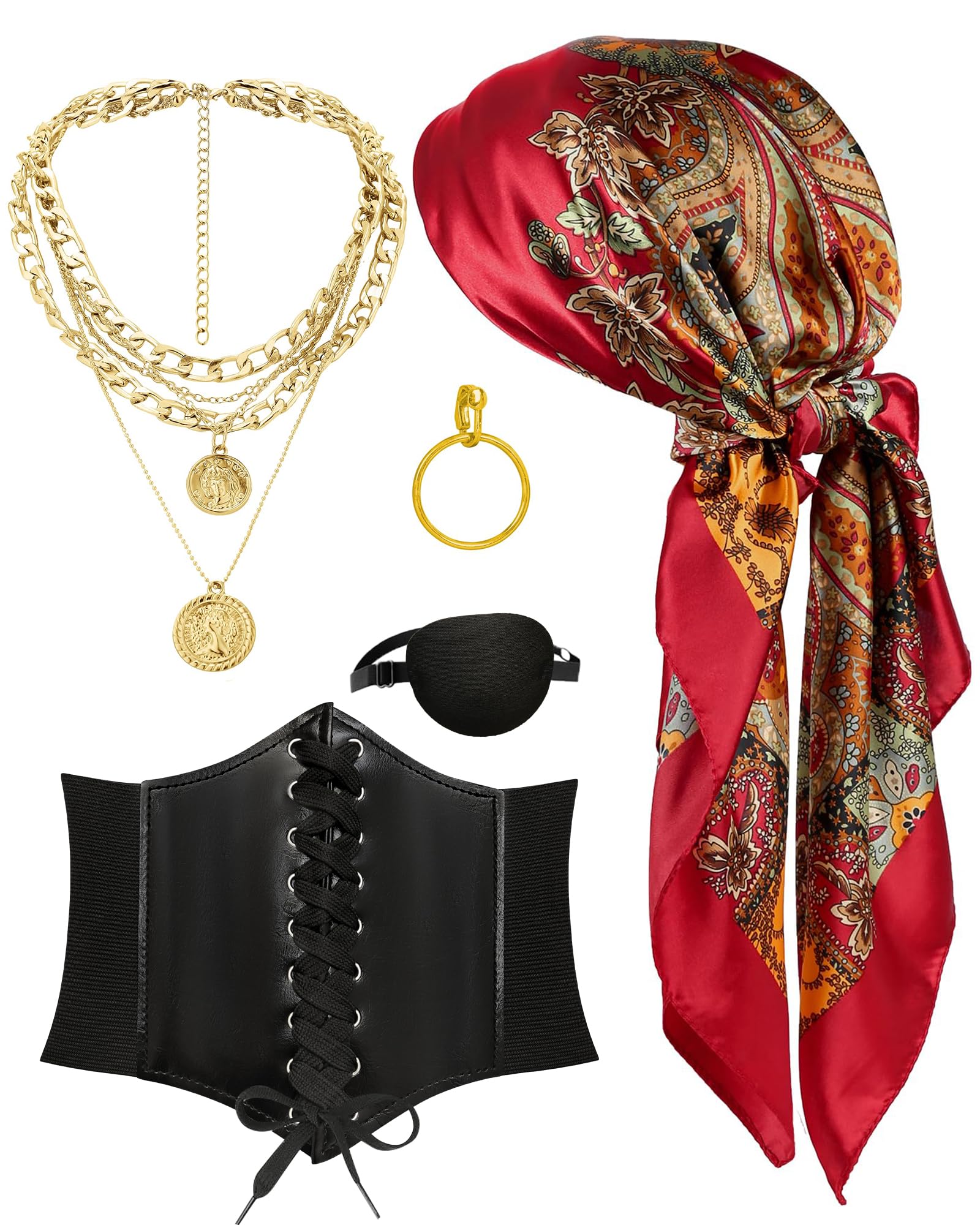 Photo 1 of Deoynut 5 Pcs Pirate Costume Accessories Set for Women Halloween with Bandana Medieval Renaissance Corset Eye Patch Necklace Earring Red