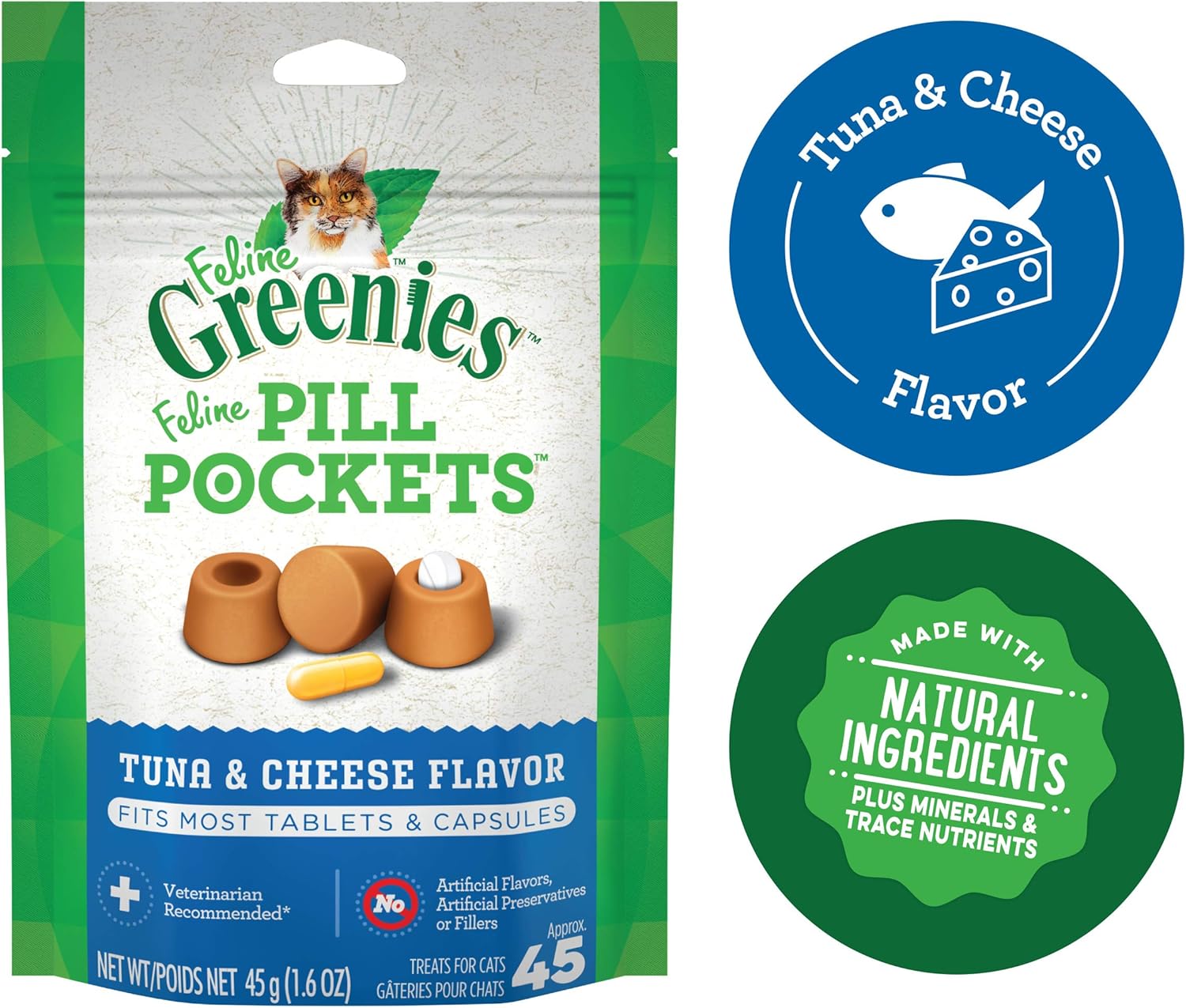 FELINE GREENIES PILL POCKETS for Cats Natural Soft Cat Treats, Tuna & Cheese Flavor, 1.6 oz. Pack (45 Treats) : Pet Supplies