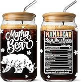 FIVITY Gifts for Mom - Mama Bear 16 Oz Iced Coffee Cup with Lid and Straw Mom Glass Tumbler Mothers Day Travel Mugs Birthday Valentine Anniversary Christmas Thank You Gift for Women Mum Wife Coworkers