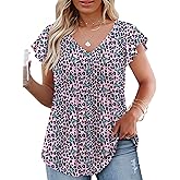 VOGRACE Womens-Plus-Size-Summer-Tops Casual V Neck T Shirts Trendy Ruffle Short Sleeve Tunics Loose Comfy Pleated Tees XL-5XL