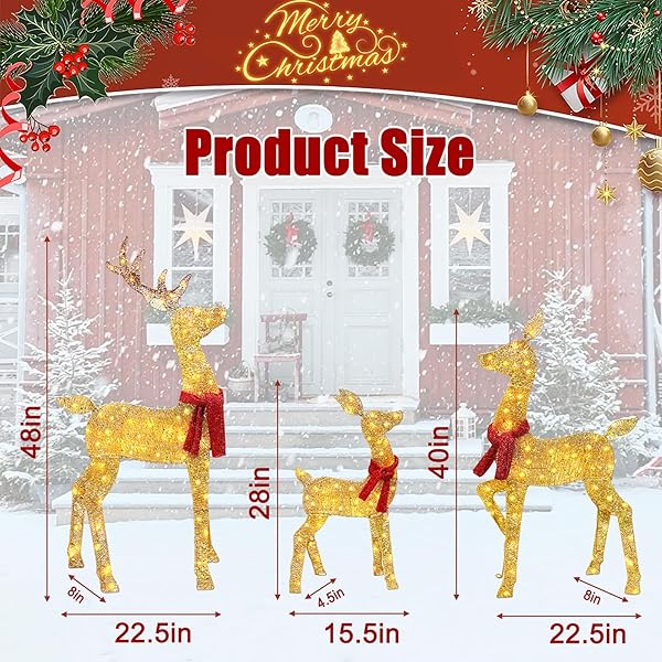 2025 NEW 4FT 2.5D LIGHTED CHRISTMAS DEER FAMILY SET, 48INCH 3-PIECE CHRISTMAS DECORATION OUTDOOR LIGHTED REINEER WITH 145 LED LIGHTS, PLUG FOR HOLIDAY FRONT YARD/PORCH/INDOOR DECOR- GOLD