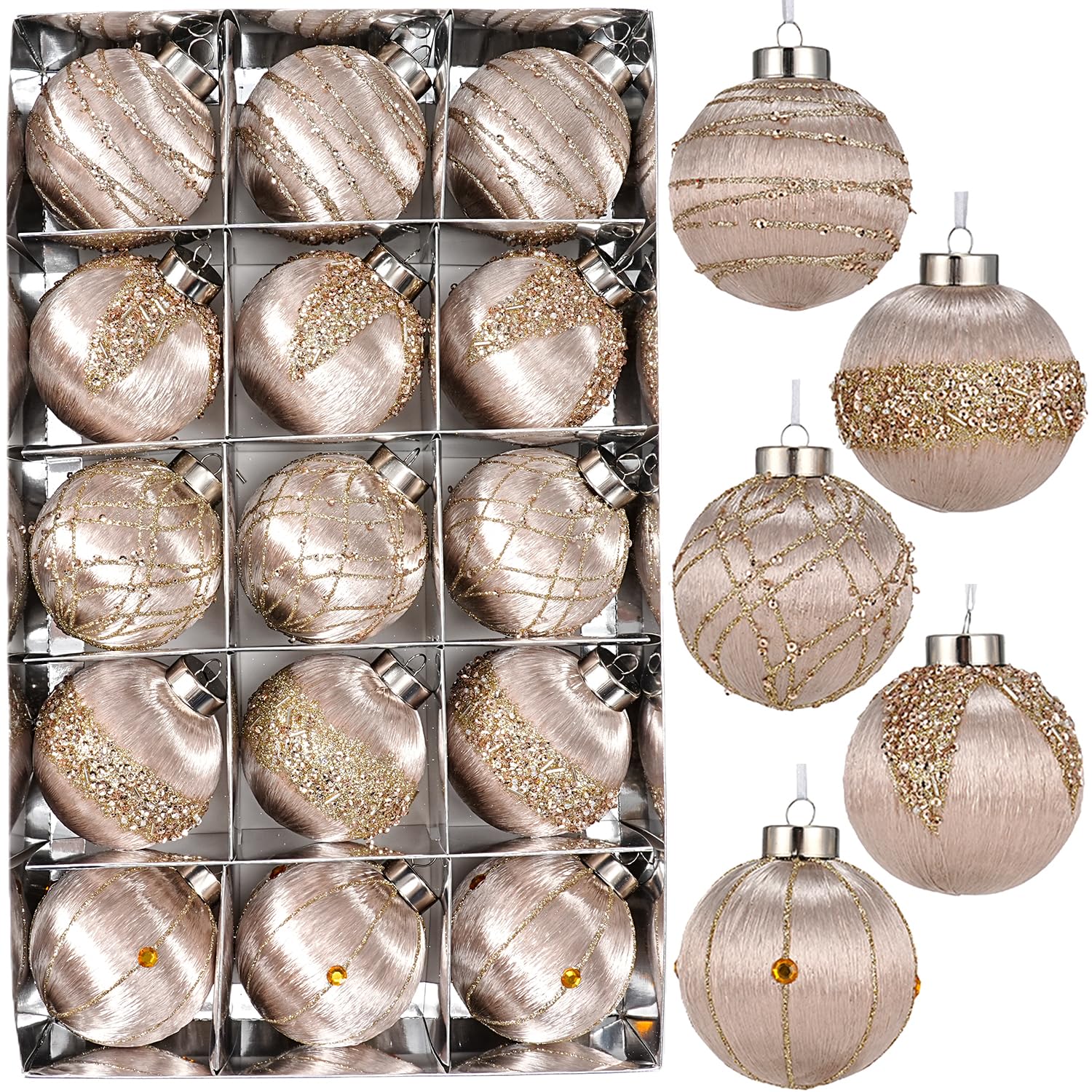 Photo 1 of 15 Pack 3.15" Fancy Christmas Tree Ornaments Set Large Christmas Baubles for Festive Decor Velvet Shatterproof Ornaments for Tree with Assorted Styles Satin Great as Christmas Ball Bulk Champagne
