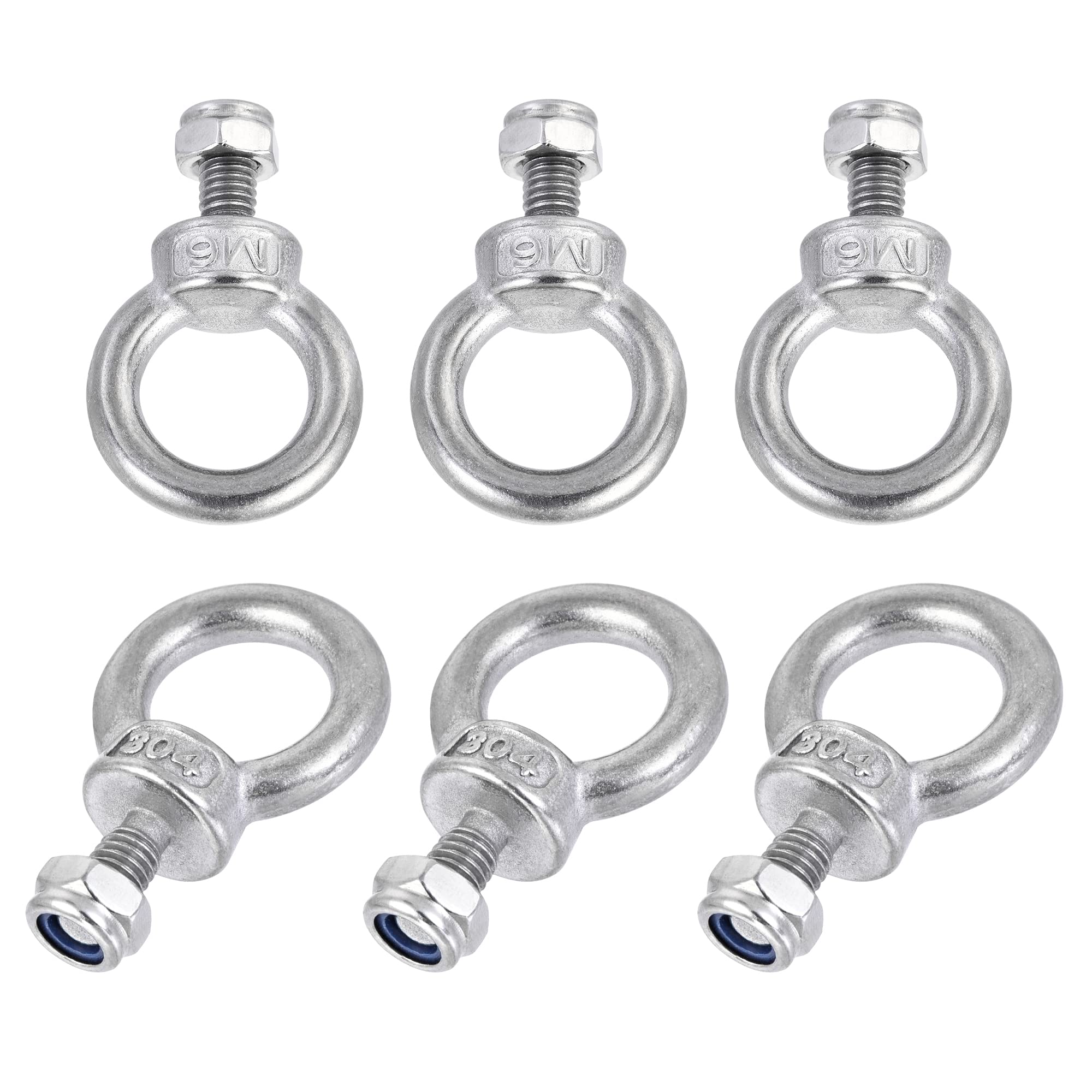 sourcing map Lifting Eye Bolt M6 x 12mm Male Thread with Hex Screw Nut for Hanging Securing Chain Wire Rope, 304 Stainless Steel, 6 Sets
