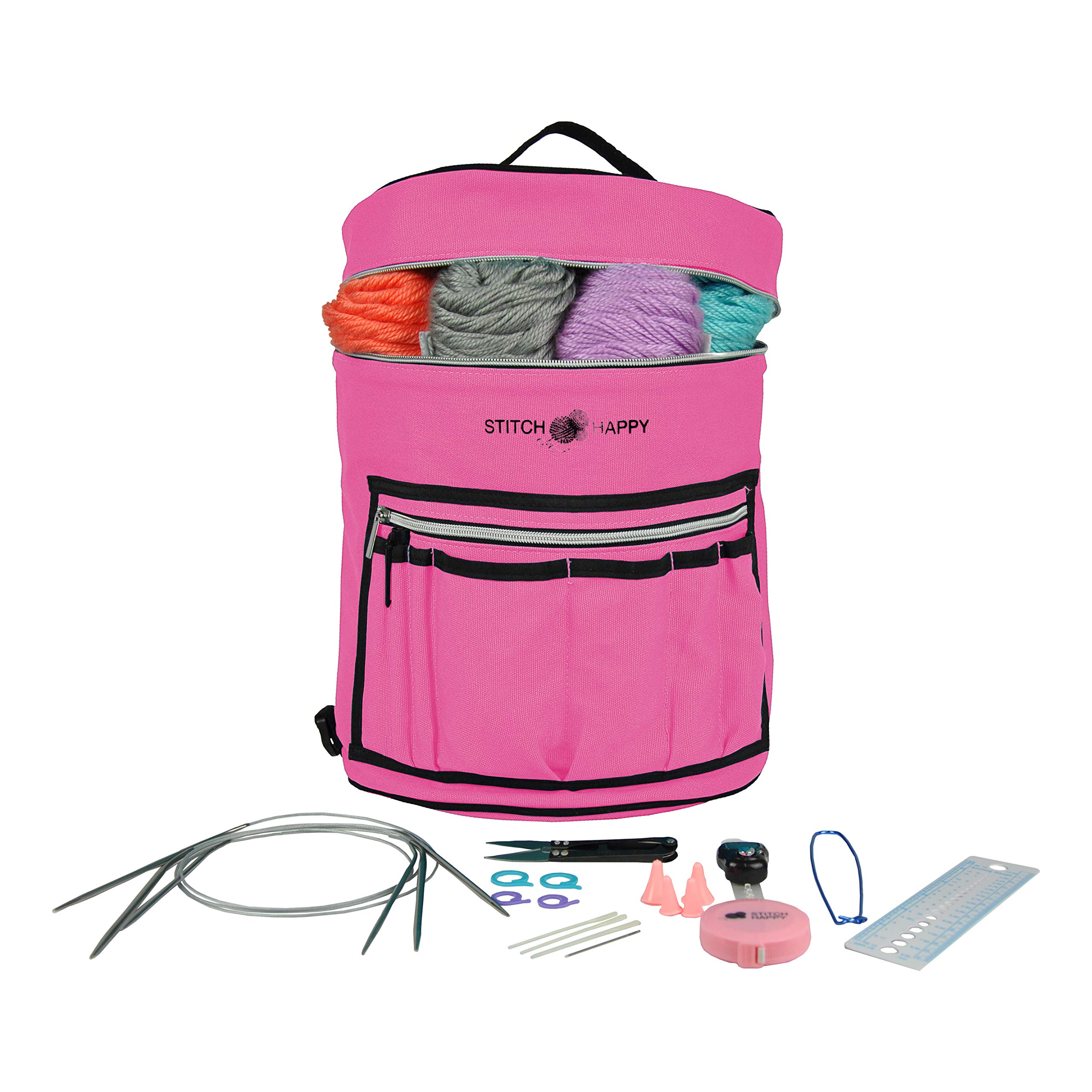 Designer Stitch Happy Knitting Starter Kit: 20 Piece Knitting Kit for Beginners & 7 Pocket Yarn Bag, Signature Yarn Storage - Fuchsia