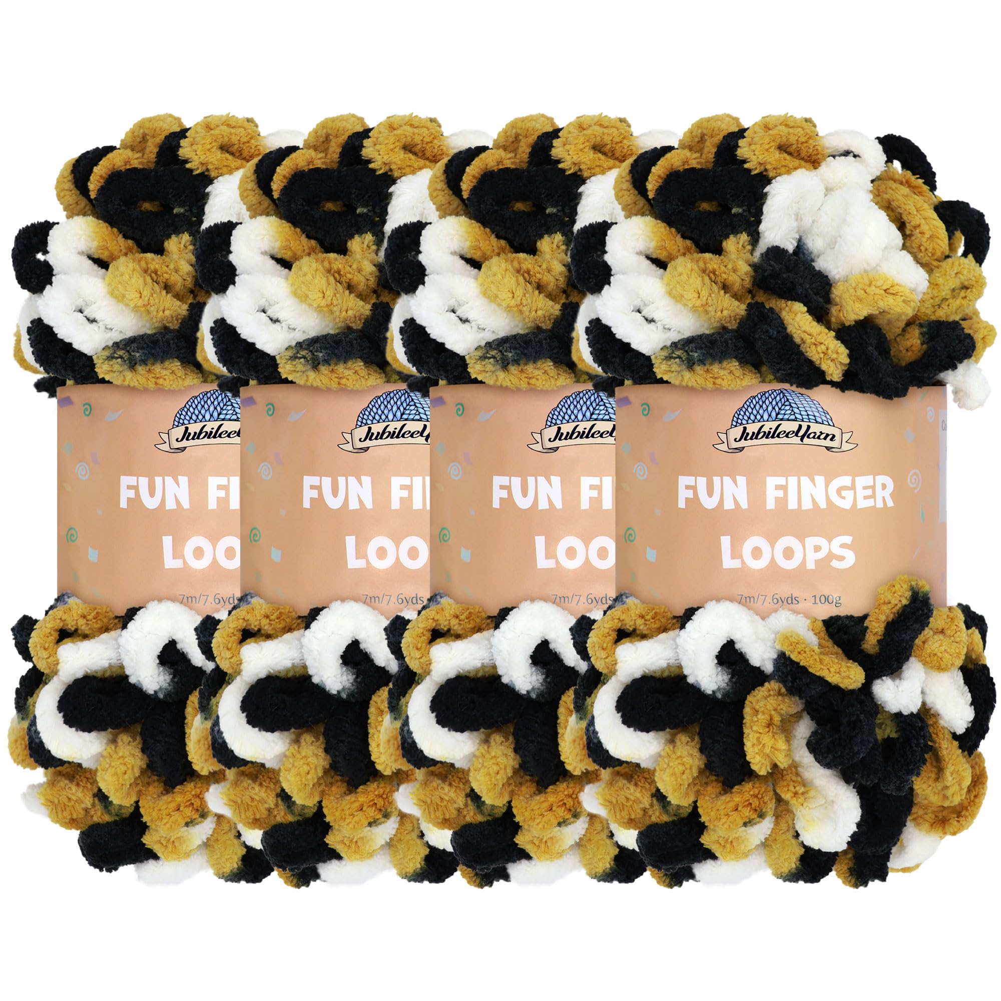 JubileeYarn Fun Finger Loops Yarn - Polyester Jumbo Weight Loop Yarn - 100g/Skein - Black Gold White - 4 Skeins