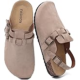 DDXYYDS Men's Suede Clogs with Back Strap, Women's Leather Clogs with Arch Support Cork Footbed Slip on Closed Toe Mules with Adjustable Buckle Comfort Potato Shoes Beige
