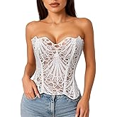 LEACOOLKEY Lacework Corset Top for Women Sexy Textured Sheer Floral Lace Bustier Going Out Lace-up Corset Overbust Top