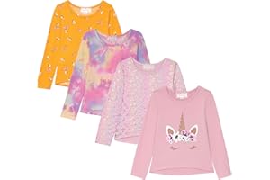 BTWEEN Girls Long Sleeve Fall Graphic Tops, School & Sports Tees, 4 Pack Multiple Pattern Tshirts