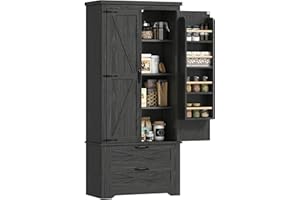 HOMCOM 64" Pantry Cabinet, Farmhouse Kitchen Pantry with Doors and Adjustable Shelf, Freestanding Buffet Storage Cabinet with