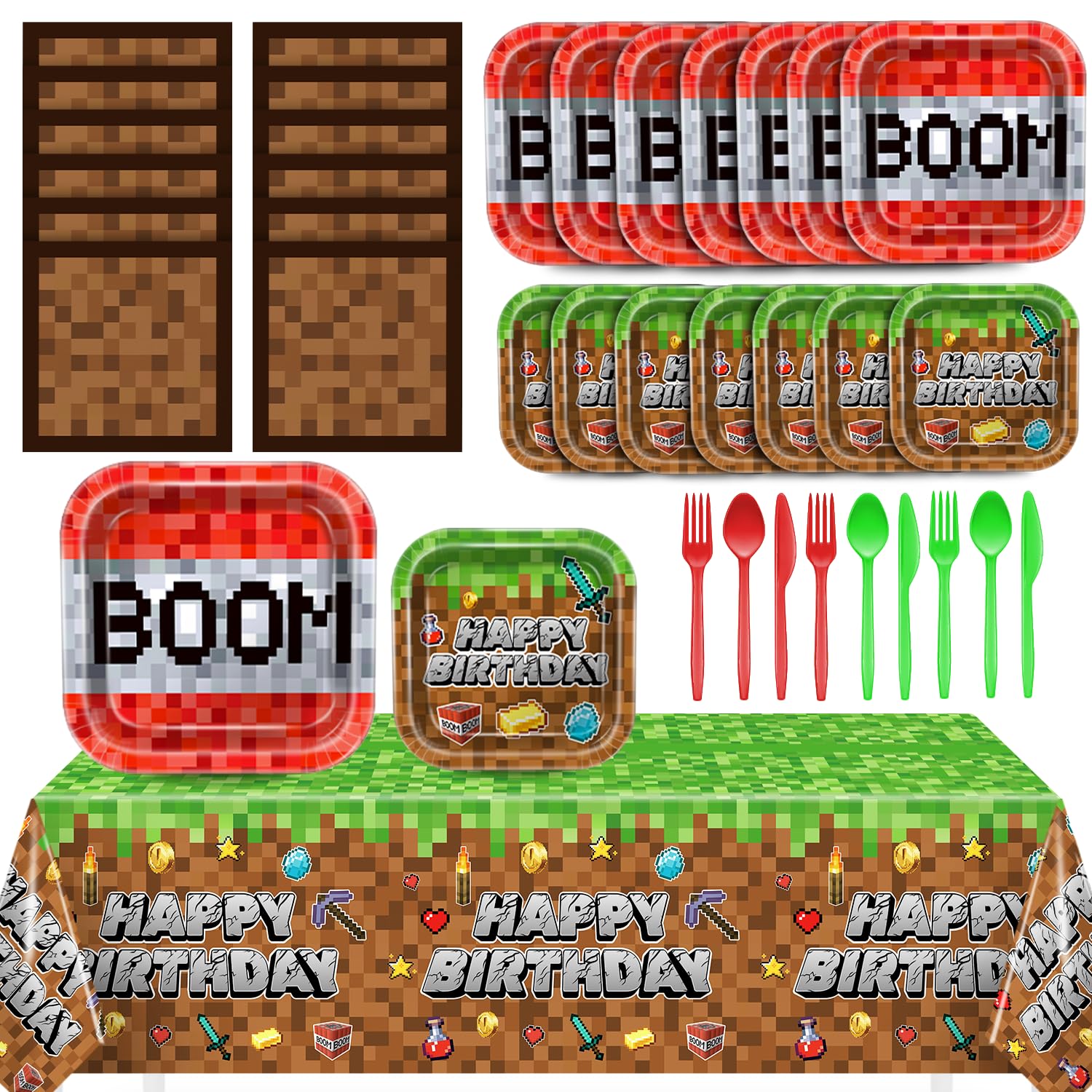 Photo 1 of 145 Pcs Pixel Birthday Party Decorations, Pixel Plates and Napkins Tableware for Party, Cute Cartoon Decor Supplies Set for Boy Fans Birthday Supplies Serve 24 Guests