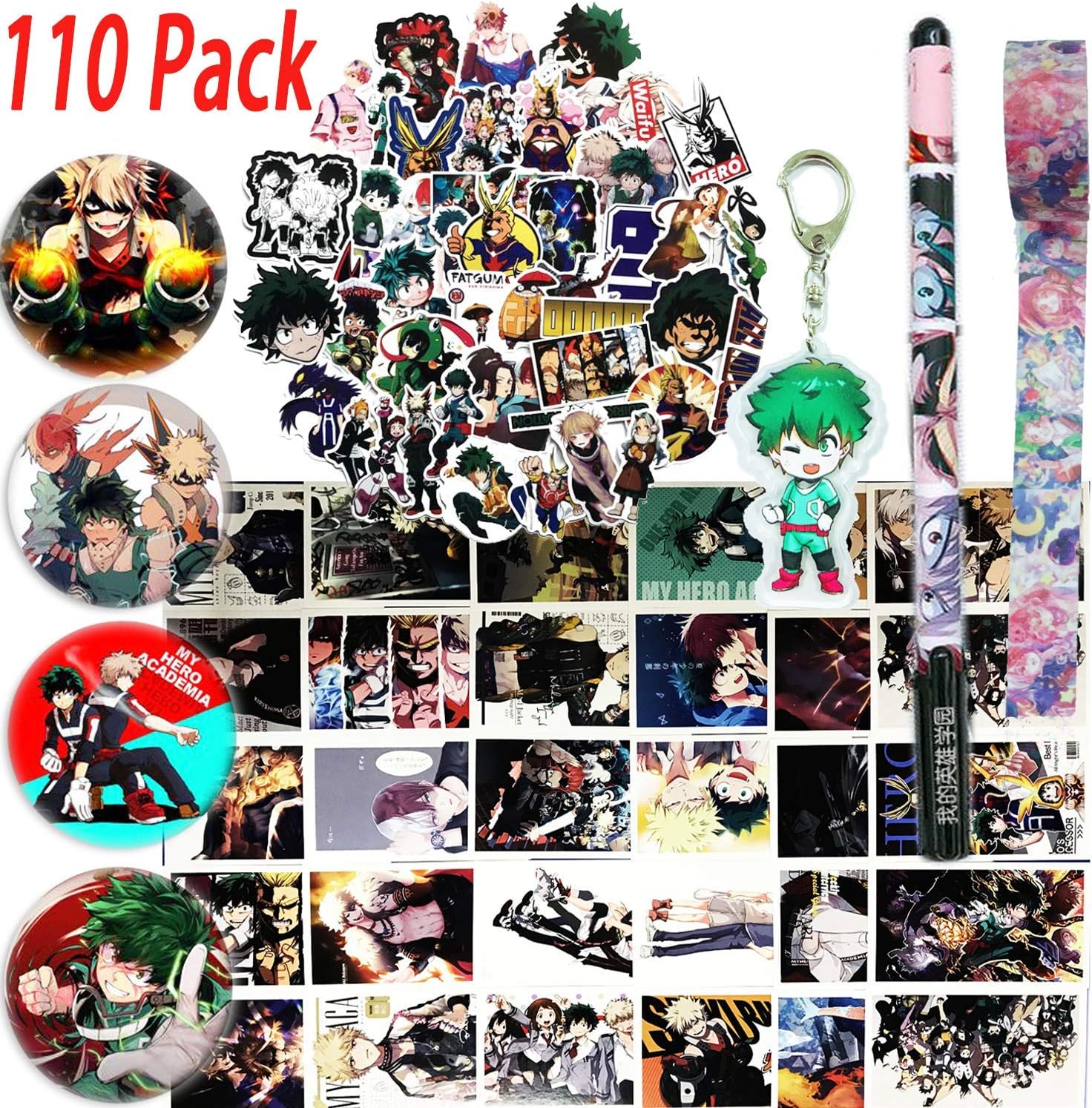 April77 My Hero Academia Stickers Gift Set - 73 Pcs Anime Cartoon Laptop Stickers, 30 Postcards, 1 Midoriya Izuku Keychain, 4 Button Pins, 1 Pen, 1 Cute Adhesive Tape for MHA Fans