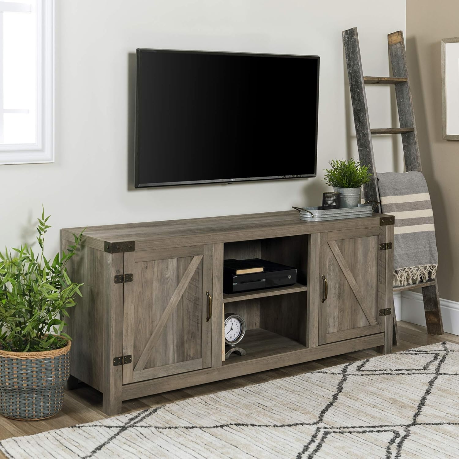 Walker Edison Farmhouse Barn Wood Universal Stand for TV's up to 64" Flat Screen, Storage Cabinet Doors and Shelves, Entertainment Center, 58 Inch, Grey Wash: Furniture & Decor