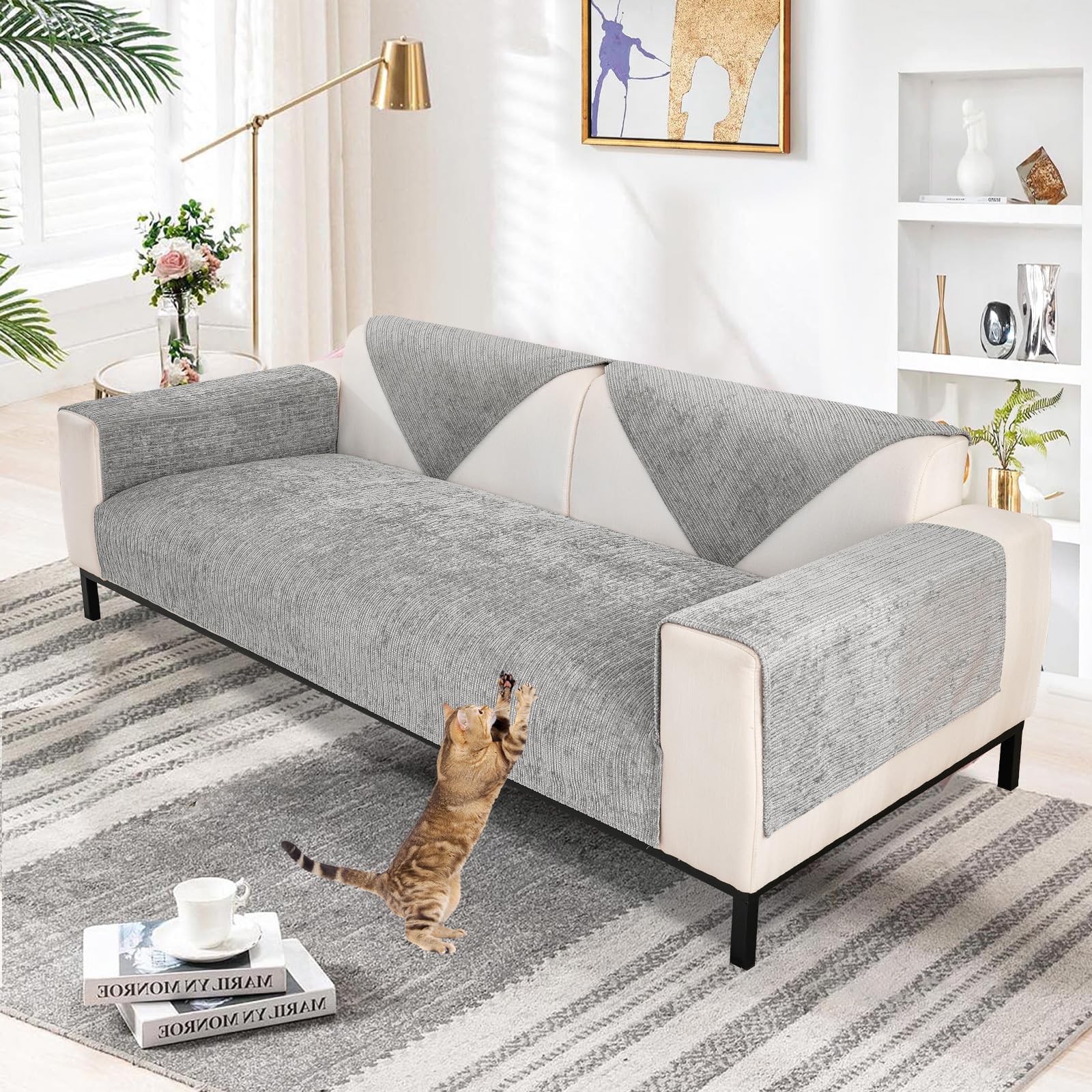 SHANNA Soft Chenille Sofa Cover 1/2/3/4 Seater, New Universal Non-Slip Corner Sofa Cover L Shape Solid Thick Textured Sofa Slipcovers for Living Room(Grey, 70 * 210cm Seat Cover) — image 1