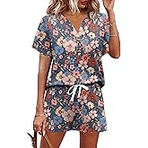 AKEWEI Womens Two Piece Outfits Summer Lounge Sets Tracksuit V Neck Buttons Down Tops and Shorts Set with Pockets