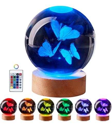 DIGFPWT Butterfly Crystal Ball Night Light, 3.15 Inch 3D
