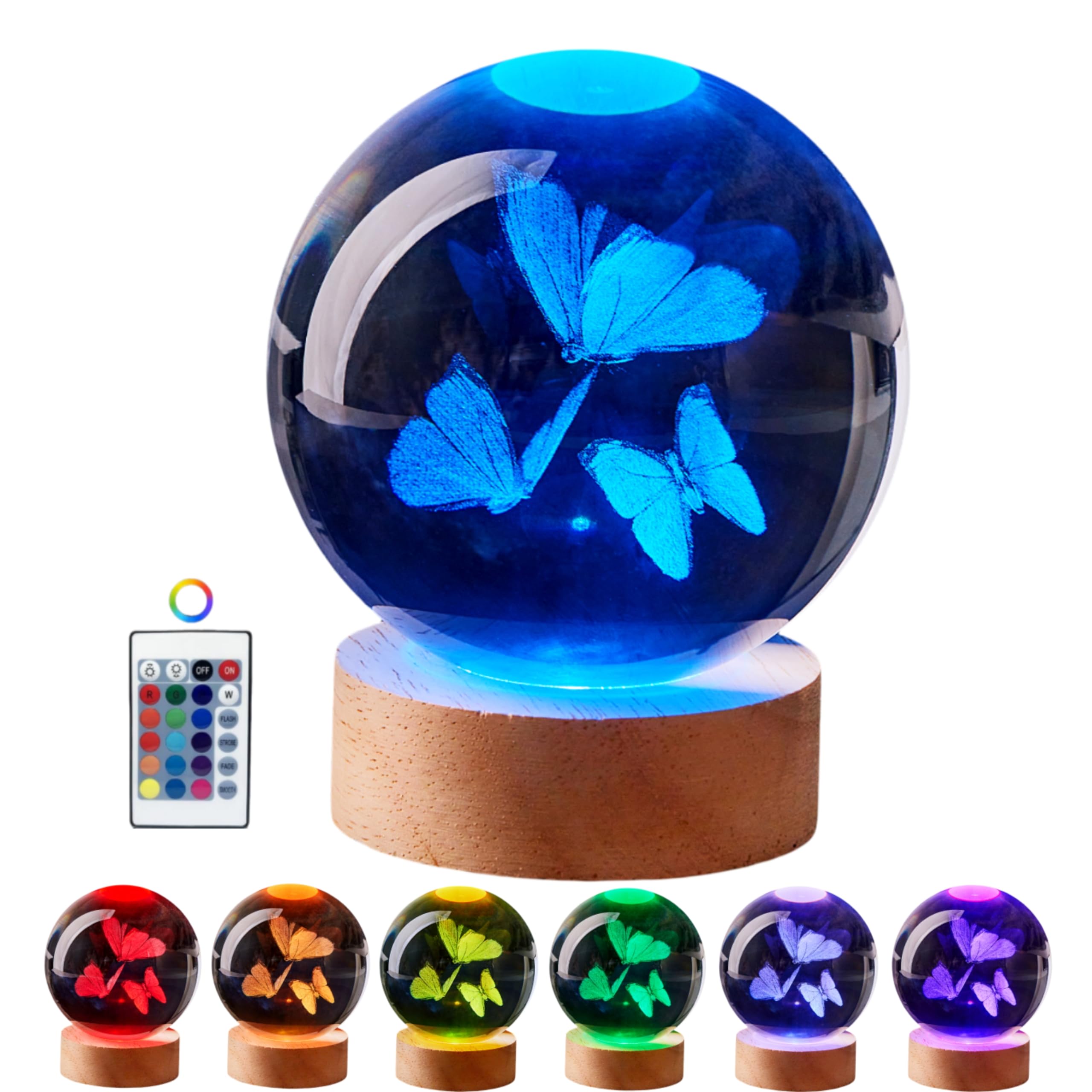 Photo 1 of 3D Butterfly Crystal Ball Lamp,Lifelike Three Butterflies Night Light,16 Colors Changing Light,Dimmable Remote Control, Gift Lamp (Butterfly)