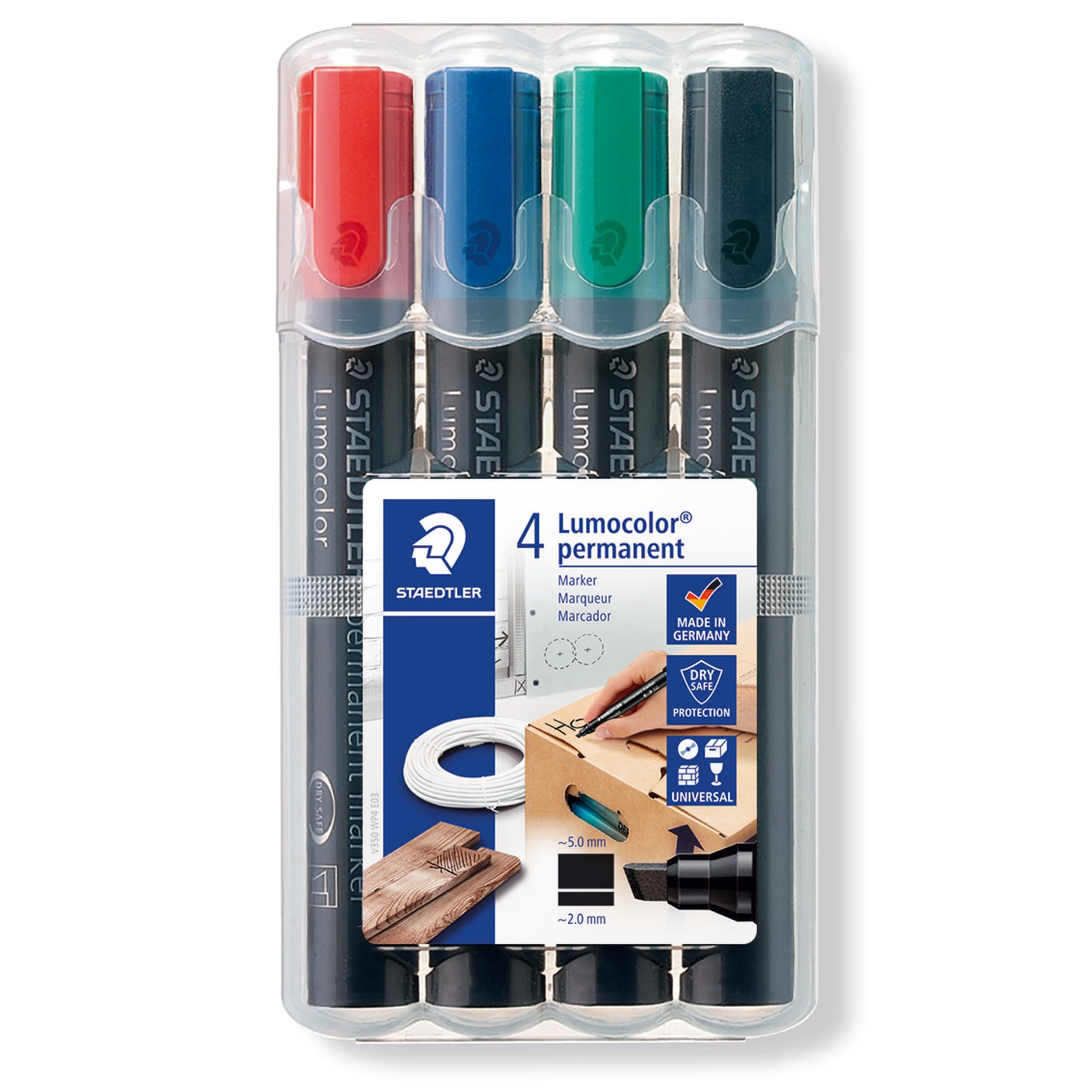 STAEDTLER Permanent Marker Pens - Lumocolor - Chisel Tip - 2-5mm Line Width - Pack of 4, 350 WP4