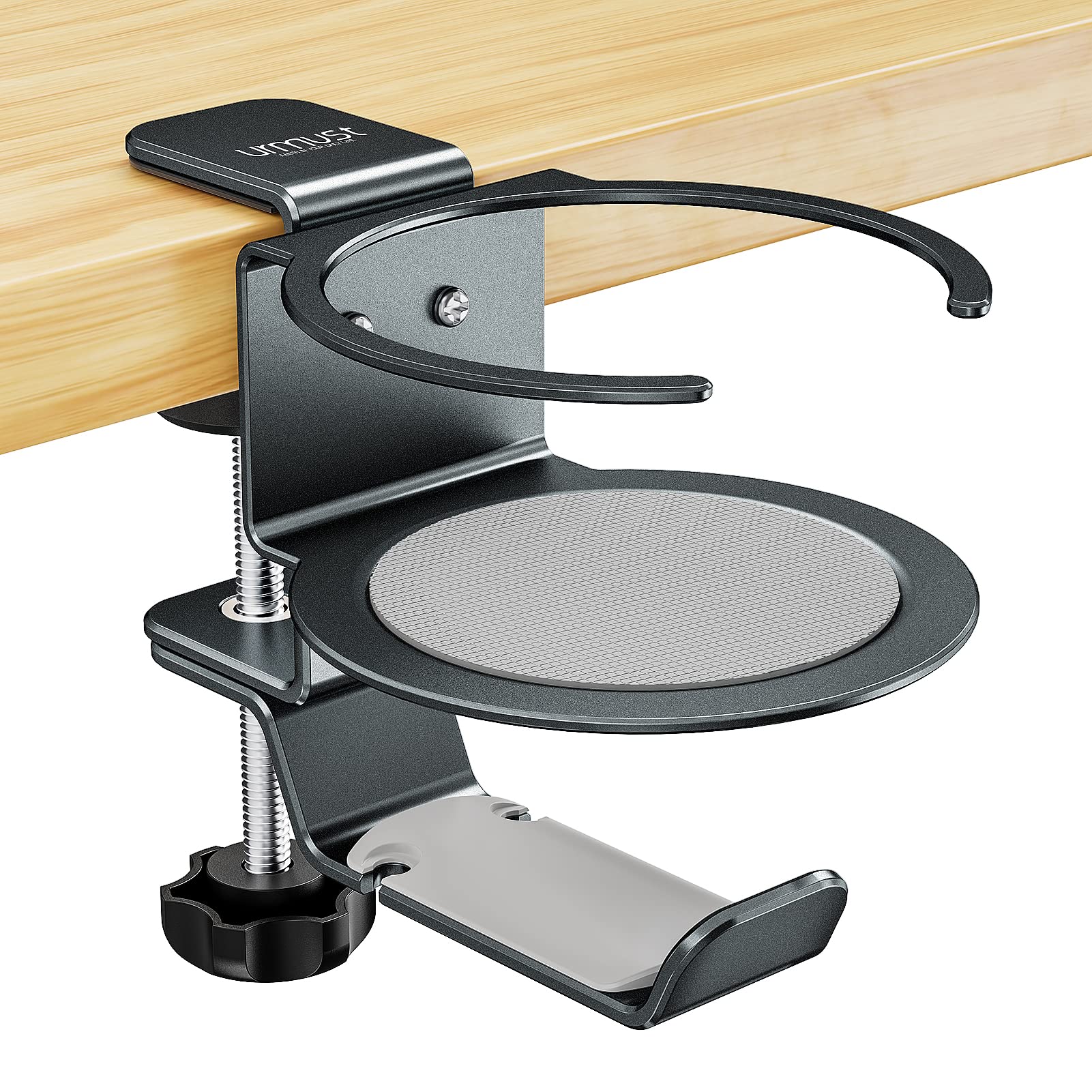 Urmust Desk Cup Holder, 3-in-1 Headphone Holder Under Desk Clamp Controller Stand Replaceable Cup Holder for PC Gaming,Universal for Headset, Controller, Cup (Gray)