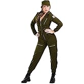 Plus Size Women's Army Pilot Flight Suit Costume Aviator Jumpsuit with Flag Patch, USA Stencil, Cargo Pockets