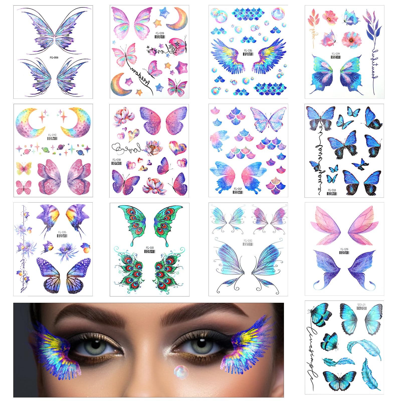 Photo 1 of 13Sheet Butterfly Tattoos for Kids Women 60pcs Glitter Colorful Festival Fairy Accessories Face Stickers Butterfly Temporary Tattoos Stickers Waterproof For Face Eye Makeup Birthday Party and extra decorations with flowers