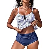 Edelqual Women's Tankini Swimsuits Two Piece Tummy Control Flowy Bathing Suit Tie Swim Top High Waist Bottom Swimwear