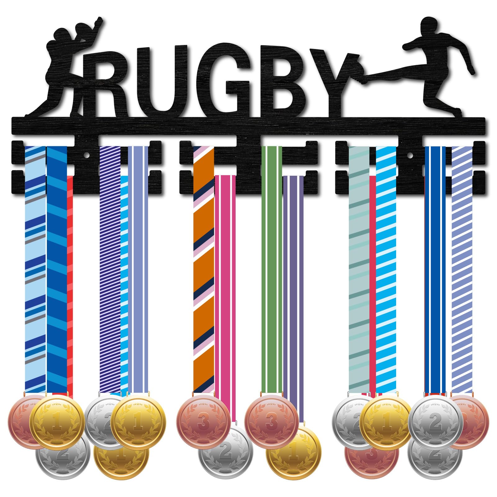 CREATCABIN Rugby Medal Hanger Holder Display Medal Wall Rack Organizer Sports Medal Hanging Wooden Wall Mount Frame Medal Hangers with 12 Hooks for Awards Ribbon Cheer Medalist Black 15.7 x 6Inch