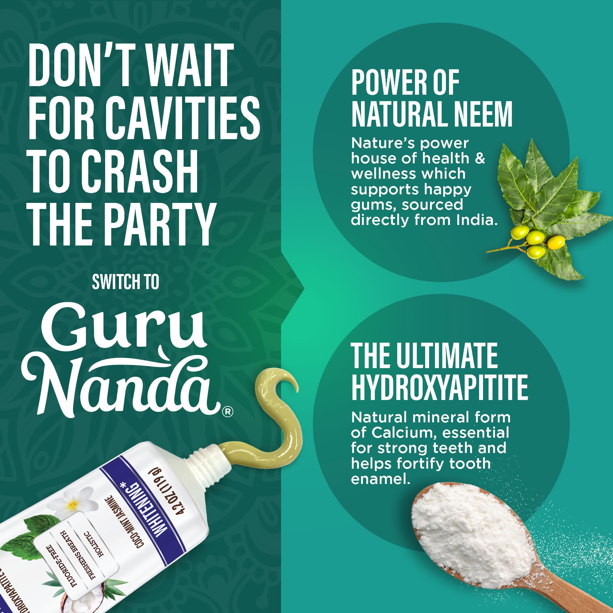 GuruNanda Hydroxyapatite Toothpaste, SLS & Fluoride Free, Whitening Toothpaste - Freshens Breath, Fights Plaque - Natural CocoMint Jasmine Neem, 4.2oz