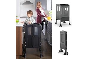 Martha Stewart Kitchen Helper ® Toddler Tower - Charcoal: Kids Folding Wood Kitchen Platform, Adjustable Height Step Stool for Toddlers | Little Kids Learning Furniture