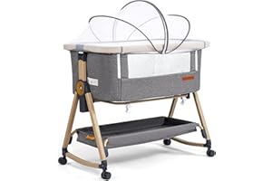 Maydolly Baby Bassinet & Bedside Sleeper, 3 in 1 Rocking Bassinet with Mattress & Sheet, Adjustable Height, Removable Breathable Cover, Easy Folding Infant Bassinet (Grey)