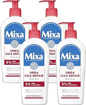 Mixa Body Milk für sehr trockene und rissige Haut, Regenerierende Bodylotion gegen Juckreiz, Mit Urea und Panthenol, Urea Cica Repair +, 250 ml (Packung mit 4)