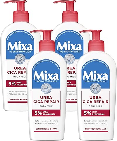 Mixa Body Milk für sehr trockene und rissige Haut, Regenerierende Bodylotion gegen Juckreiz, Mit Urea und Panthenol, Urea Cica Repair +, 250 ml (Packung mit 4)