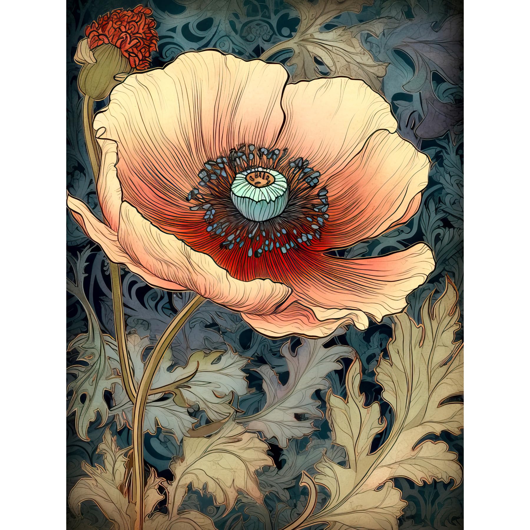 Artery8 William Morris Style Peach Anemone Flower Bloom Extra Large XL Wall Art Poster Print