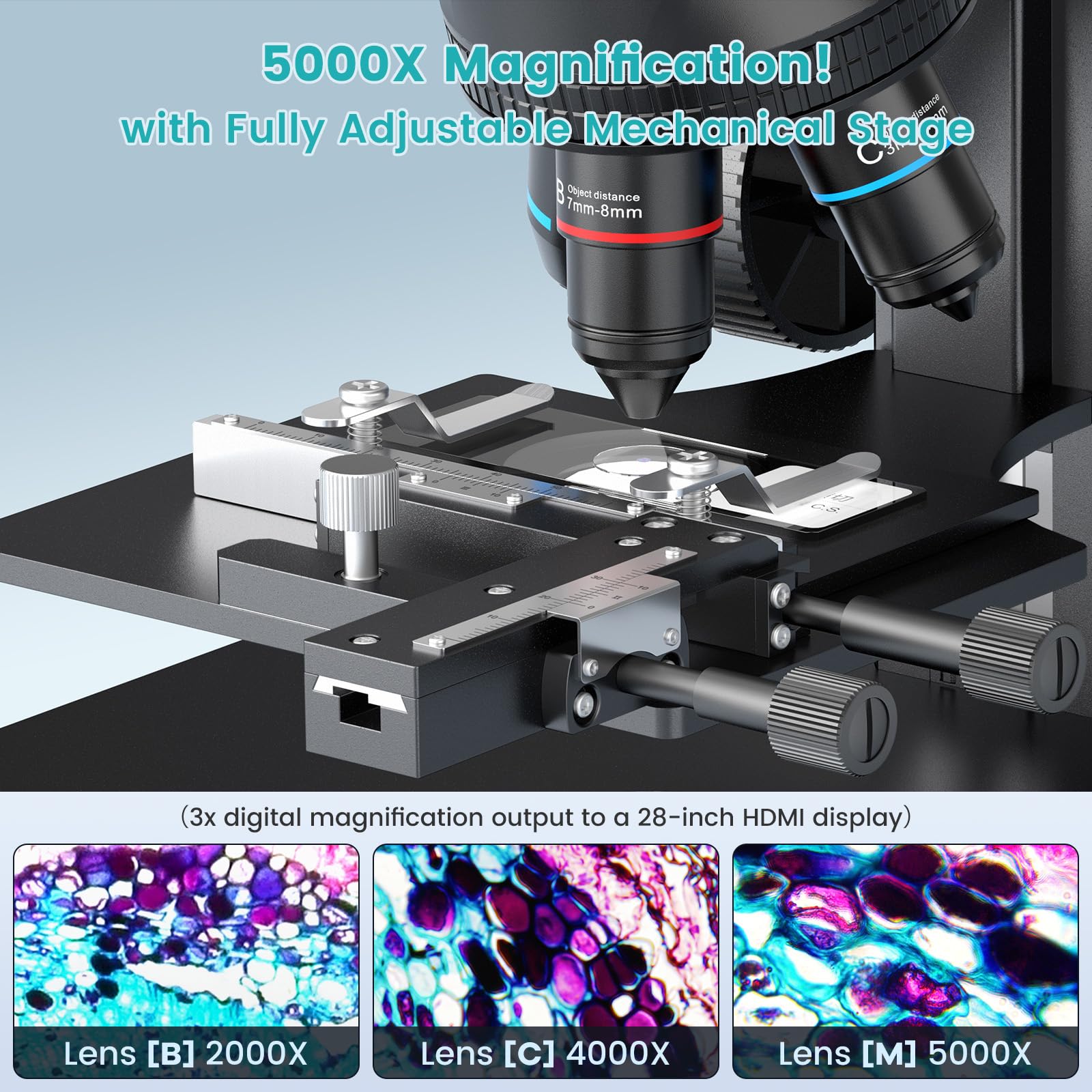 LINKMICRO LM266S 5 Lens HDMI Digital Microscope 5000X for Adults, Lab Biological Microscope with Screen for Slides, Mechanical X-Y Stage, UHD 2160P Video, 7