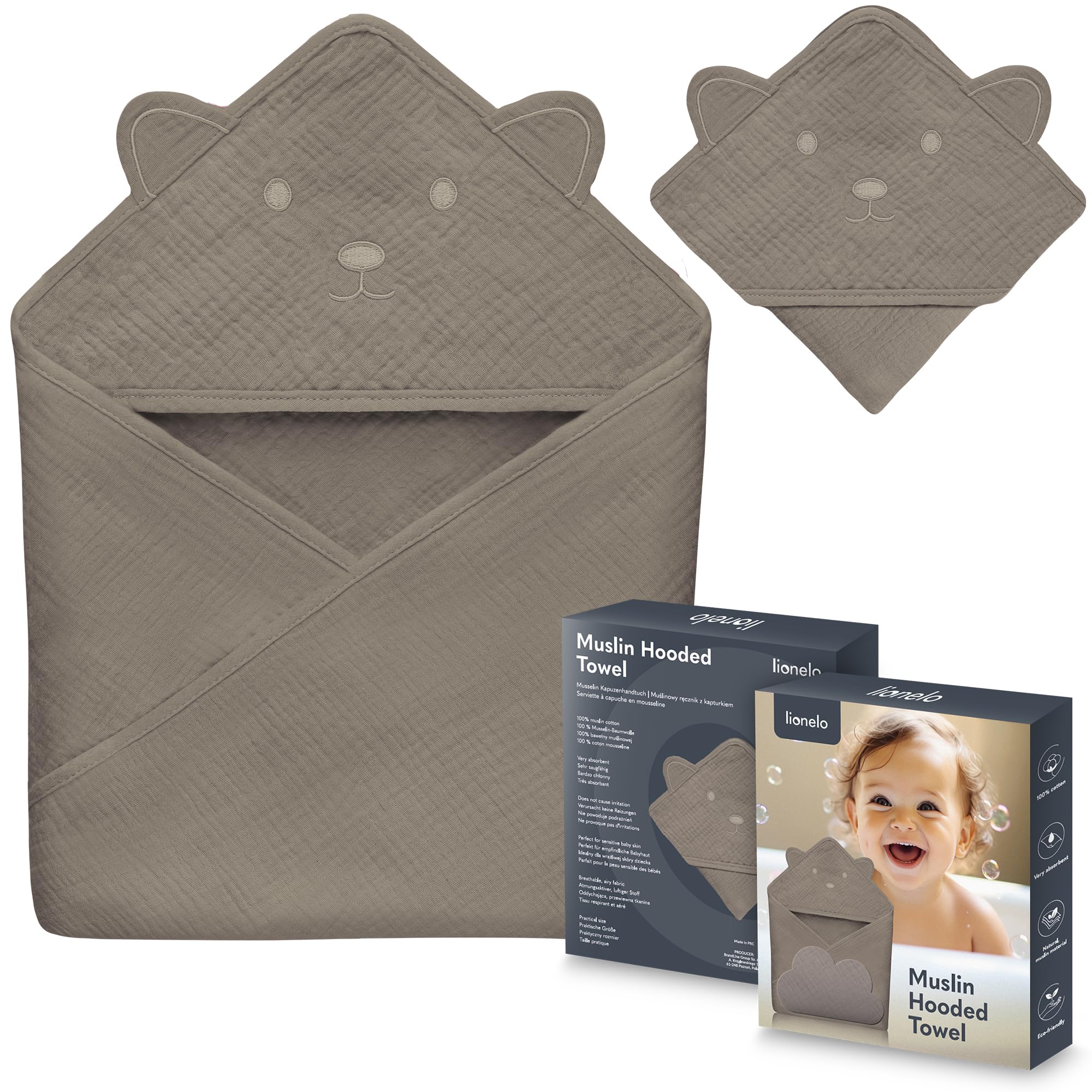 lionelo Baby Hooded Towel 100% Natural Muslin Cotton 80x80cm Absorbent Bath Towel with Hood for Newborns & Toddlers 6 Colours Soft & Breathable, Swaddle Muslin, Nursery Blankets (Cappucino, 80x80 cm)