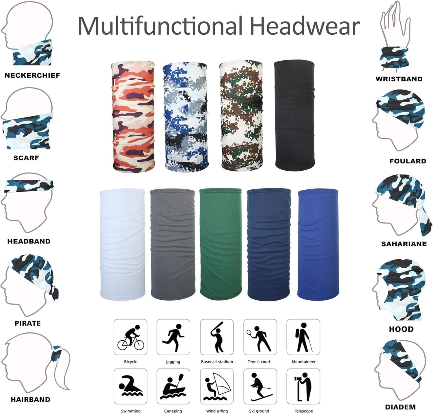 sailimue 9pcs Unisex Seamless Bandana Neck Gaiter Tube Headwear Bandana for Women Men Motorcycle Face Bandana Face Scarf Magic Scarf for Dust Outdoors Festivals Sports Fishing: Jewelry