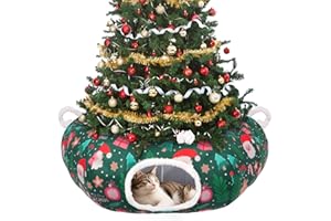 PETRENDY Christmas Tree Cat Tunnel, Soft Cat Tunnel for Christmas Tree with Middle Cushion, Cute Pet Donut Cave Bed Play Toys, Indoor Xmas Tree Decorations Protector from Cats