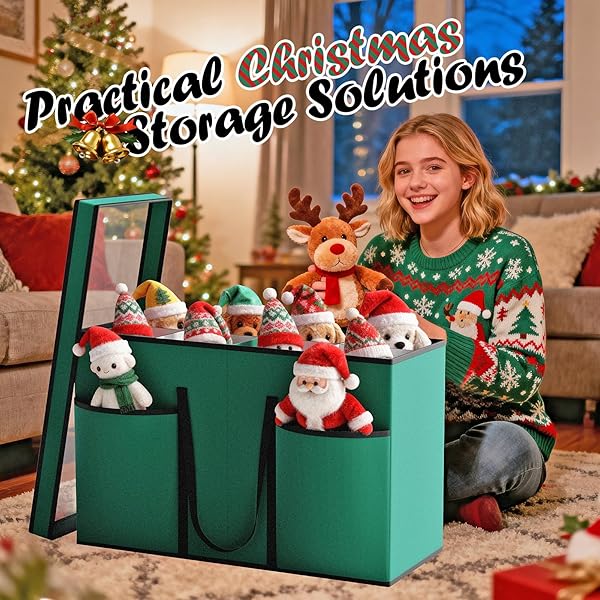 CHRISTMAS FIGURINE STORAGE BOX & NUTCRACKER STORAGE CONTAINERS WITH VISIBLE LID AND CARDBOARD DIVIDERS, KEEPS 8 HOLIDAY 15″-FIGURINE COLLECTIBLES, XMAS DECORATION STORAGE BAG, 600D OXFORD / GREEN