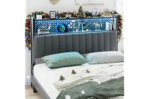 VINGLI Full Size Headboard Only, Adjustable Upholstered Headboard with 2 Tier Shelves and Pegboard with Charging Stations and LED Lights, Modern Bed Headboard with Storage for Bedroom Decor