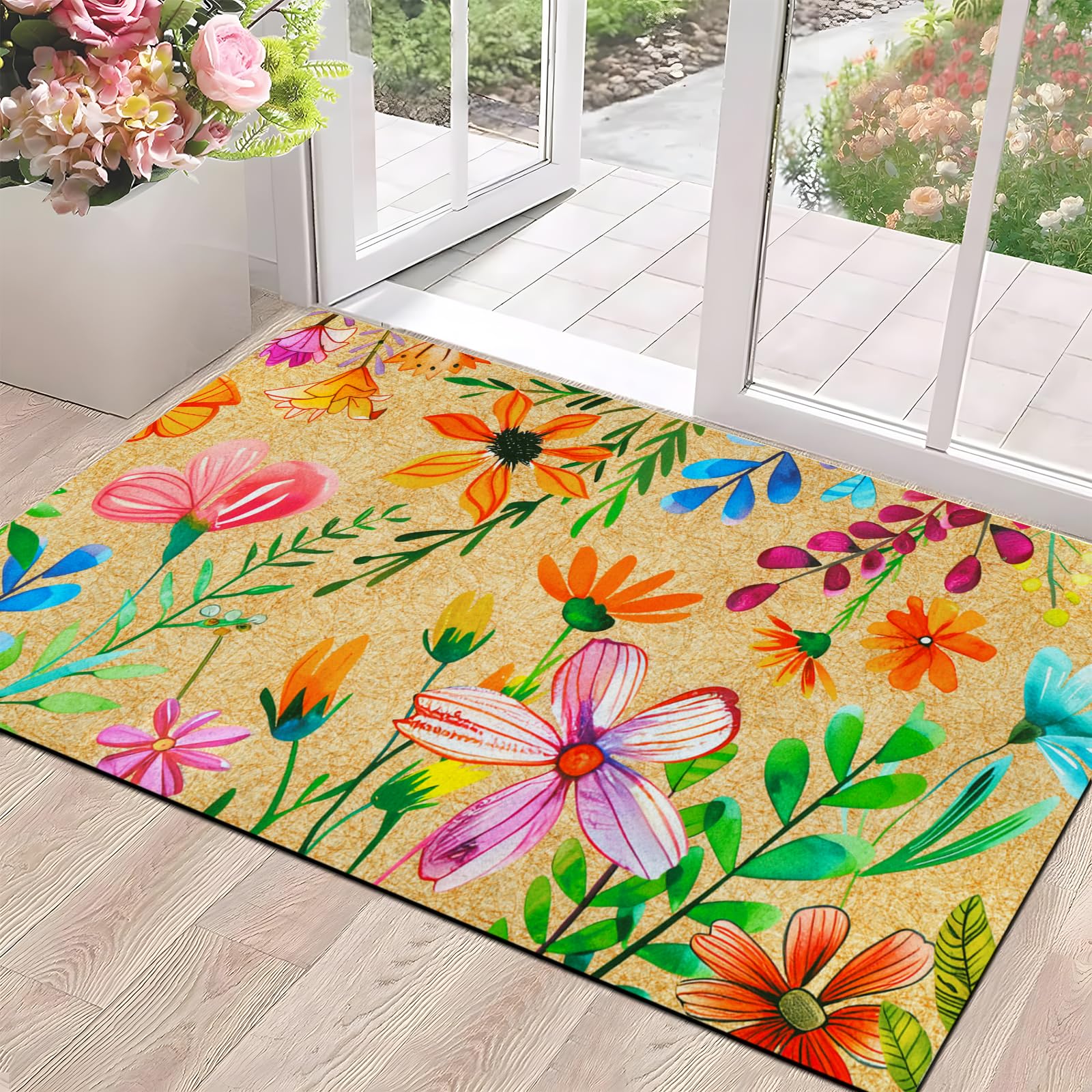 Photo 1 of Likiyol Doormat Floral Door Mats Colorful Flowers Doormat Outdoor Entrance, Non Slip Welcome Mat with Rubber Backing for Front Door, Entryway, Low Profile, Absorbent, 18'' x 30'', Colorful-E