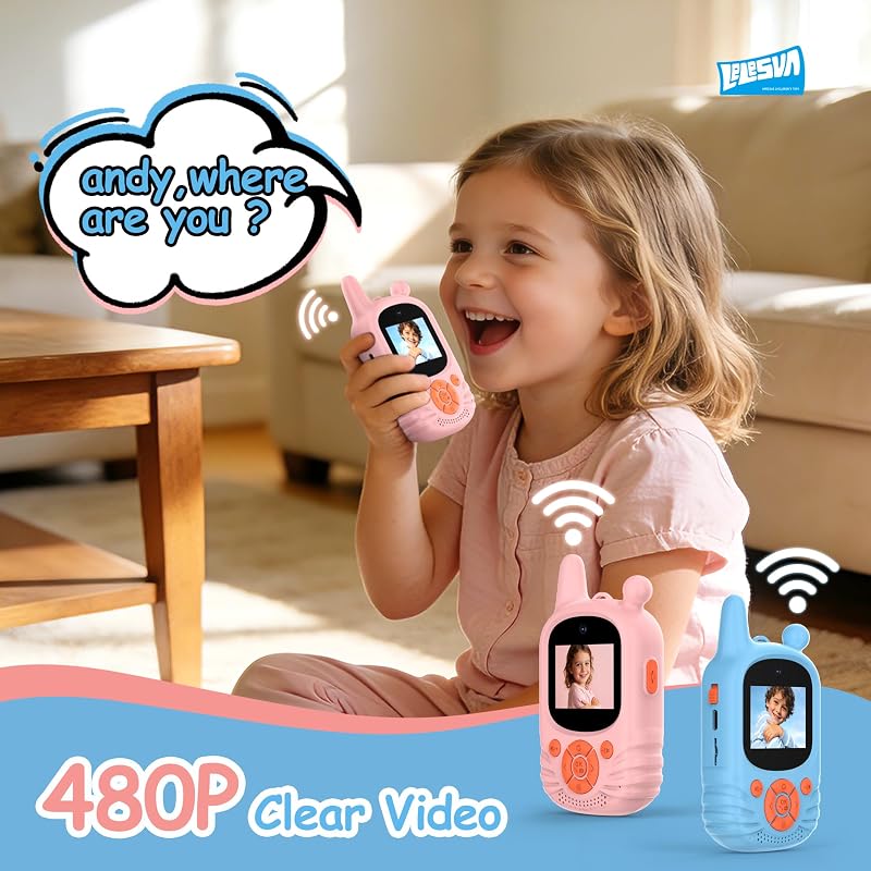 Walkie talkies de vídeo para crianças, câmara dupla HD, 2 unidades, brinquedo recarregável, alcance de 300 m, walkie-talkie para crianças dos 3 aos 12 anos