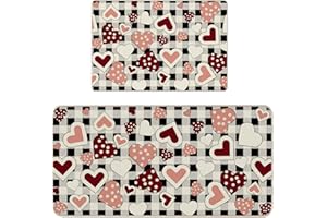 qiyeyeye 2Pcs Valentines Day Kitchen Mats Red Love Heart Non-Slip Floor Mat Set, Plaid Washable Rugs for Holiday Decor, Home Entrance Porch Rectangular Valentines Door mat 16x24 and 16x45 Inch
