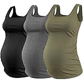 Ecavus Women's Maternity Tank Top 3 Pack Square Neck Ruched Side Soft Stretch Ribbed Comfortable Basic Shirt