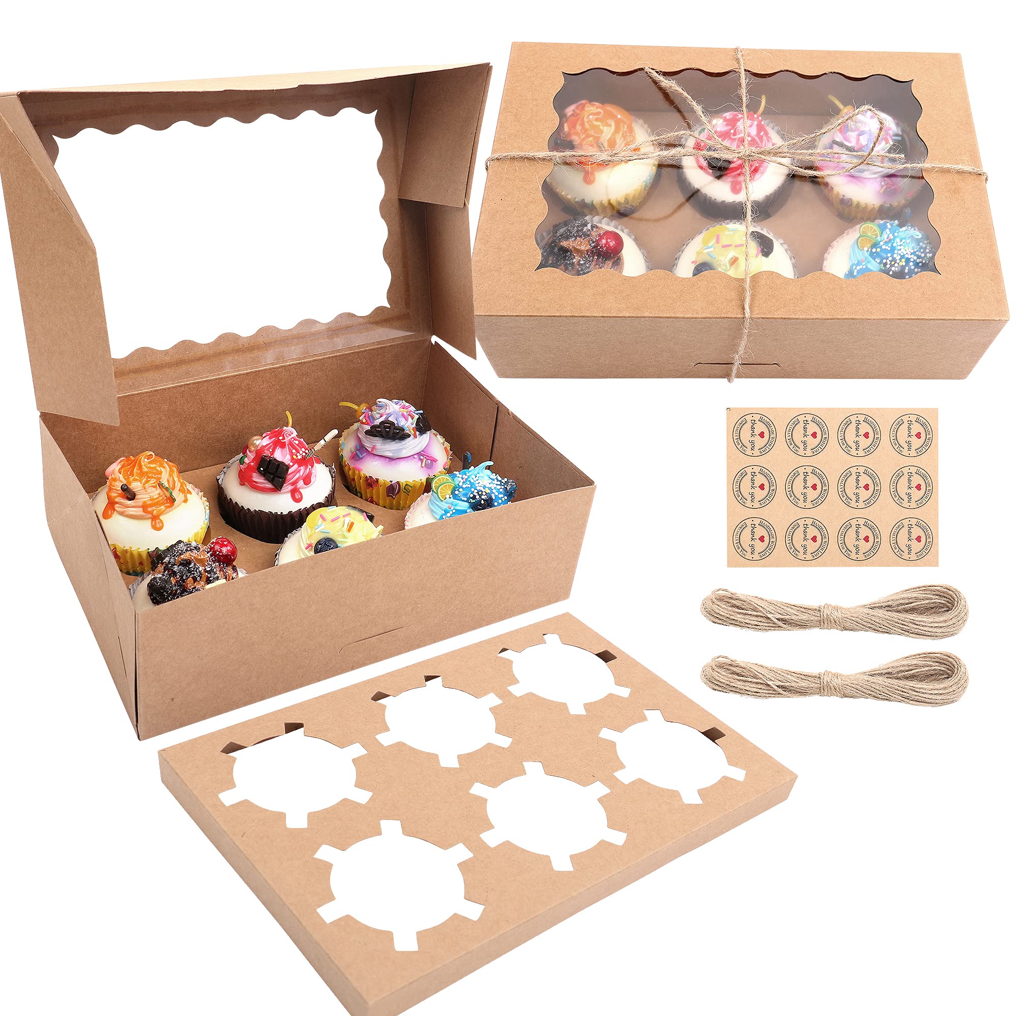 MAMUNU 10PCS Cupcake Boxes 6 Hole, Brown Kraft Bakery Cookie Carrier Boxes Containers Holders with Clear Windows and Removable Inserts - Includes Stickers and Twine String, 23.7x15.7 x 7.6cm
