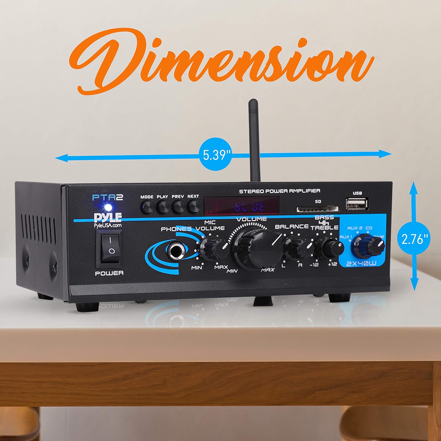 Bluetooth Mini Blue Series Home Audio Amplifier - Compact Desktop Home Theater Stereo Amplifier Receiver with USB Charge Port | Pager & Mixer Karaoke Modes | Mic Input (40 Watt x 2) | Pyle PTA22BT, 2X2X2: Home Audio & Theater