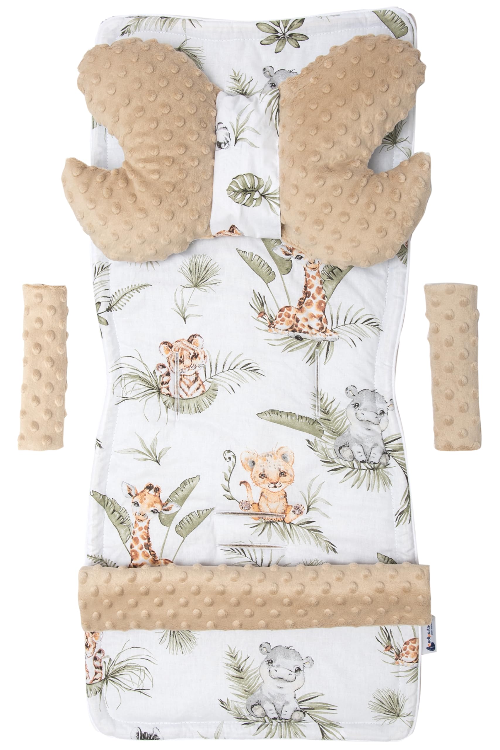 Medi Partners Universal Seat Cover for Pushchairs and Buggies Seat Cover Pushchair Seat Cover 5 Pieces Belt Pad + Play Arch Plush Cotton (Safari with Beige Plush)
