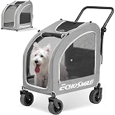 EchoSmile 4-Wheel Pet Stroller for Dogs &amp; Cats, Up to 135 lbs, Grey | Lightweight Carrier &middot; Storage Basket Included &middot; Adjustable Handle &middot; Removable Pad