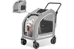 EchoSmile 4 Wheels Pet Stroller, Foldable Dog & Cat Stroller for All-Season, Lightweight Carrier with Storage Basket, Adjustable Handle, Removable Pad, Breathable Mesh, Up to 135 lbs, Grey
