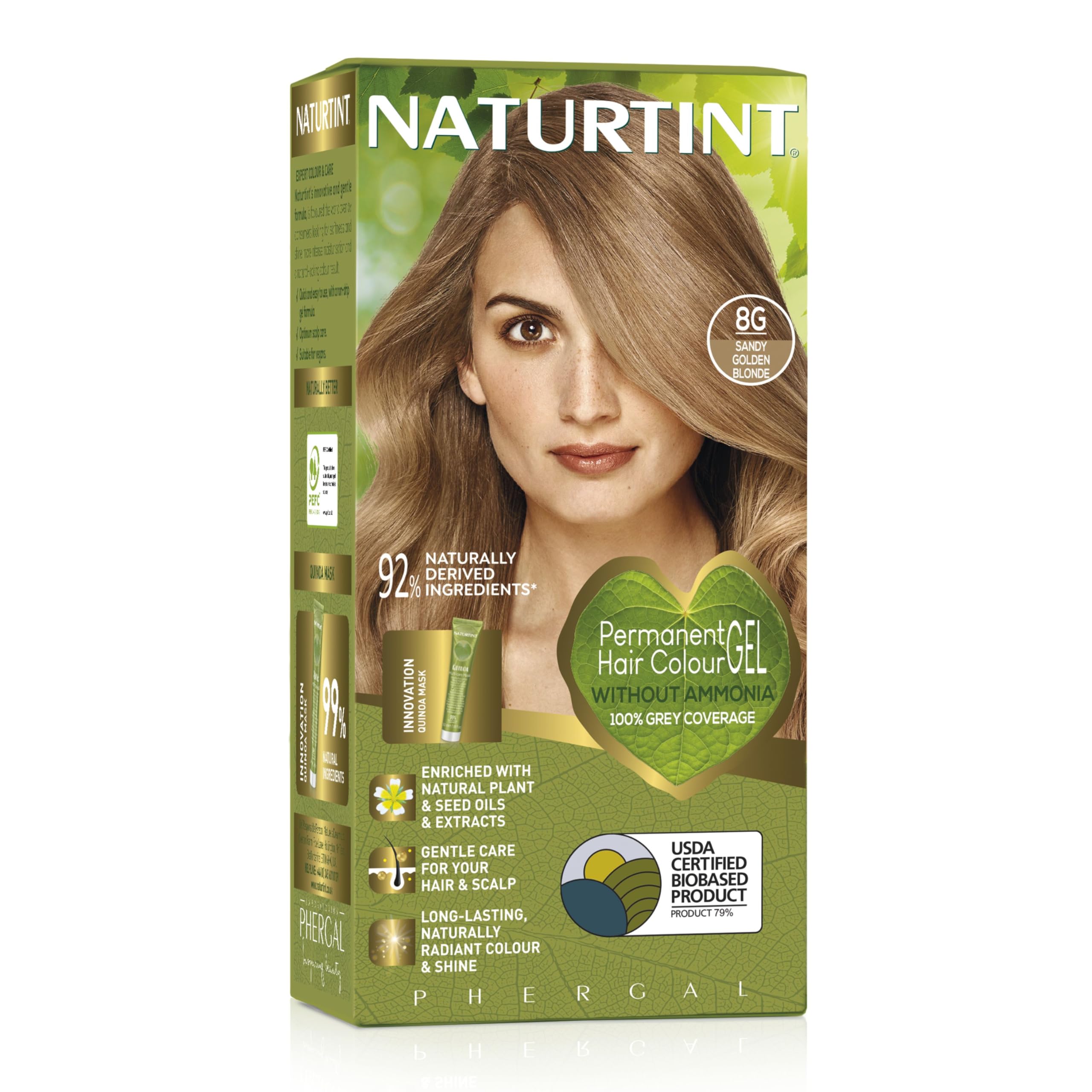 Naturtint Permanent Hair Colour Gel 8G Sandy Golden Blonde, Plant Enriched, Biobased, Ammonia Free, Long Lasting Grey Coverage and Radiant Colour, Nourishment and Protection