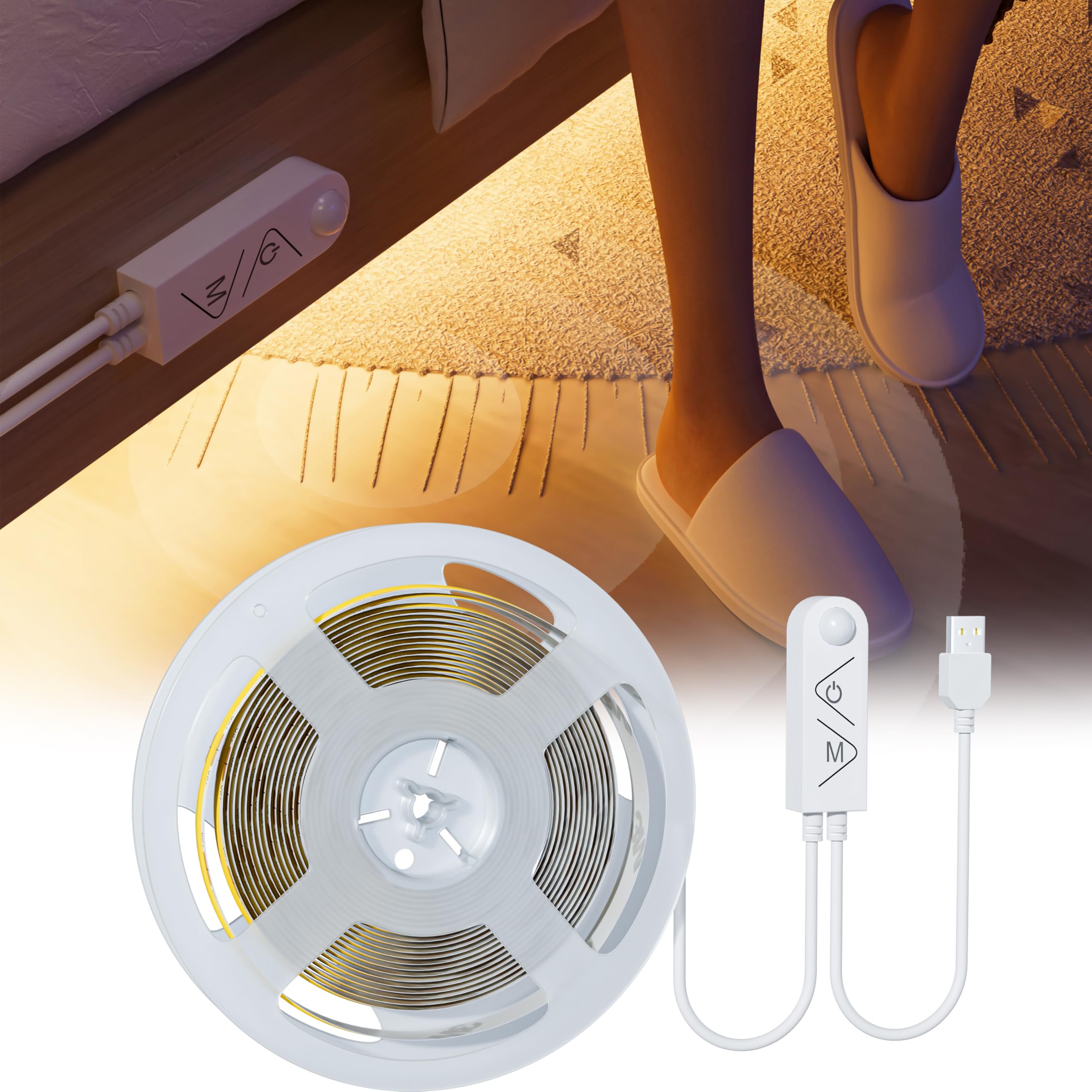 PAUTIX Motion Sensor USB COB LED Strip 3M Warm White 3000K, 5V Movement Activated Auto ON/Off LED Tape, Dimmable 960LEDs Bright Lights, PIR Sensing LED Strips for Stairs, Under Bed, Mirror, Cabinet