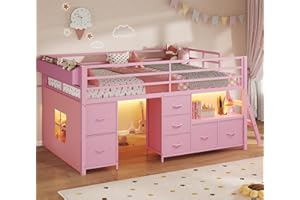 ADORNEVE Low Loft Bed Twin Size with 7 Storage Drawers, Bookcase and LED Lights, Metal Kids Loft Bed with 14" H Safety Guardrail,Inclined Ladder and Play Curtain, Under-Bed Play Space,Pink